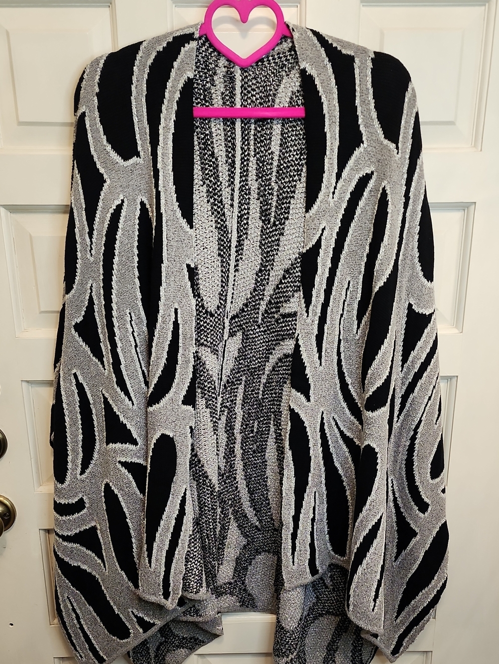 Black & Silver Abstract Pattern Soft Knit Cardigan Poncho Fits All